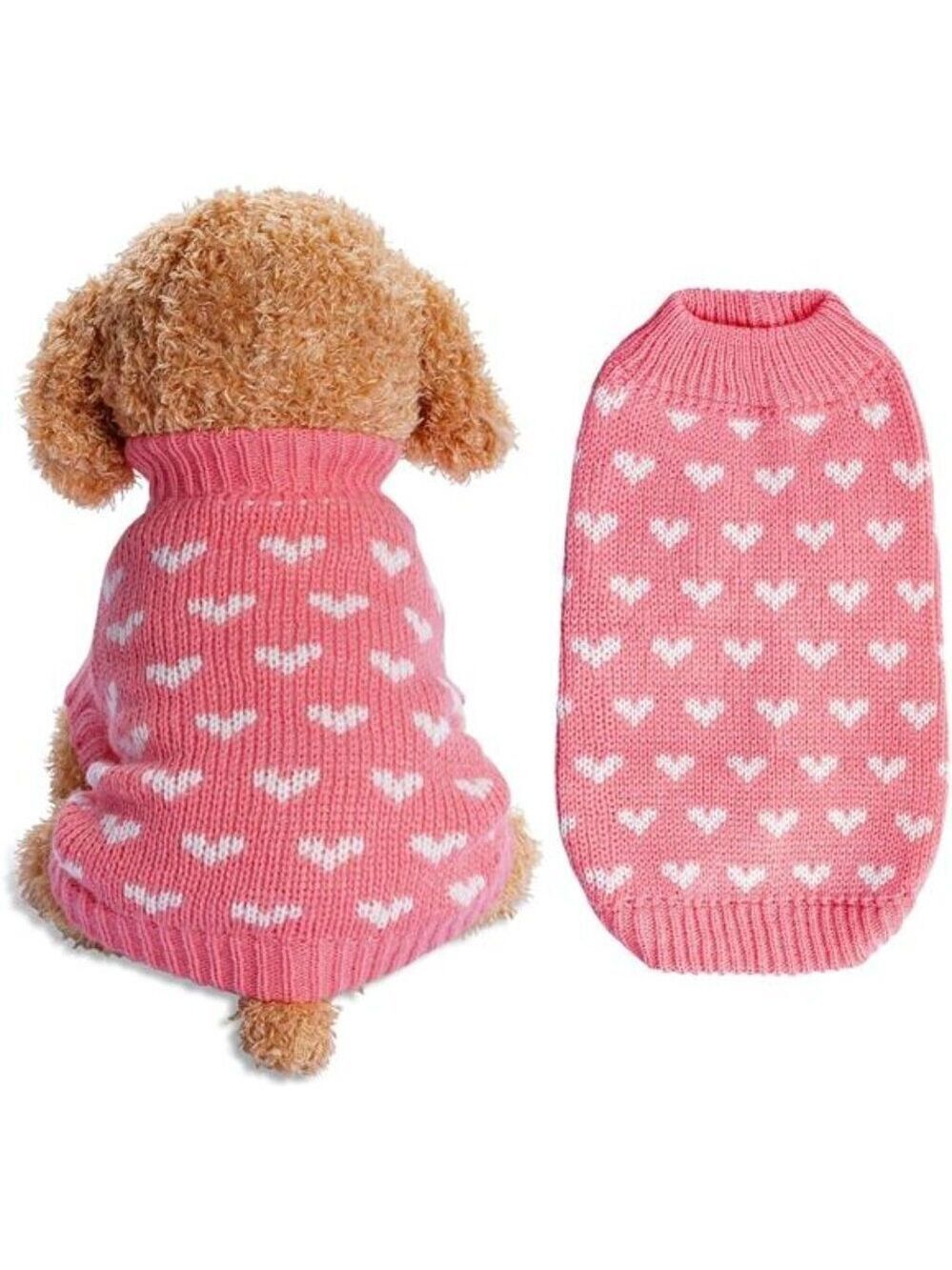 Pink Dog & Cat Sweater Knitted Heart Puppy Pullover Warm Soft Holidays Clothes